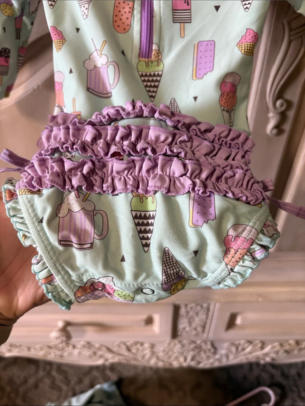 Ruffle Butts Mint Ice Cream Print Long-Sleeve One-Piece